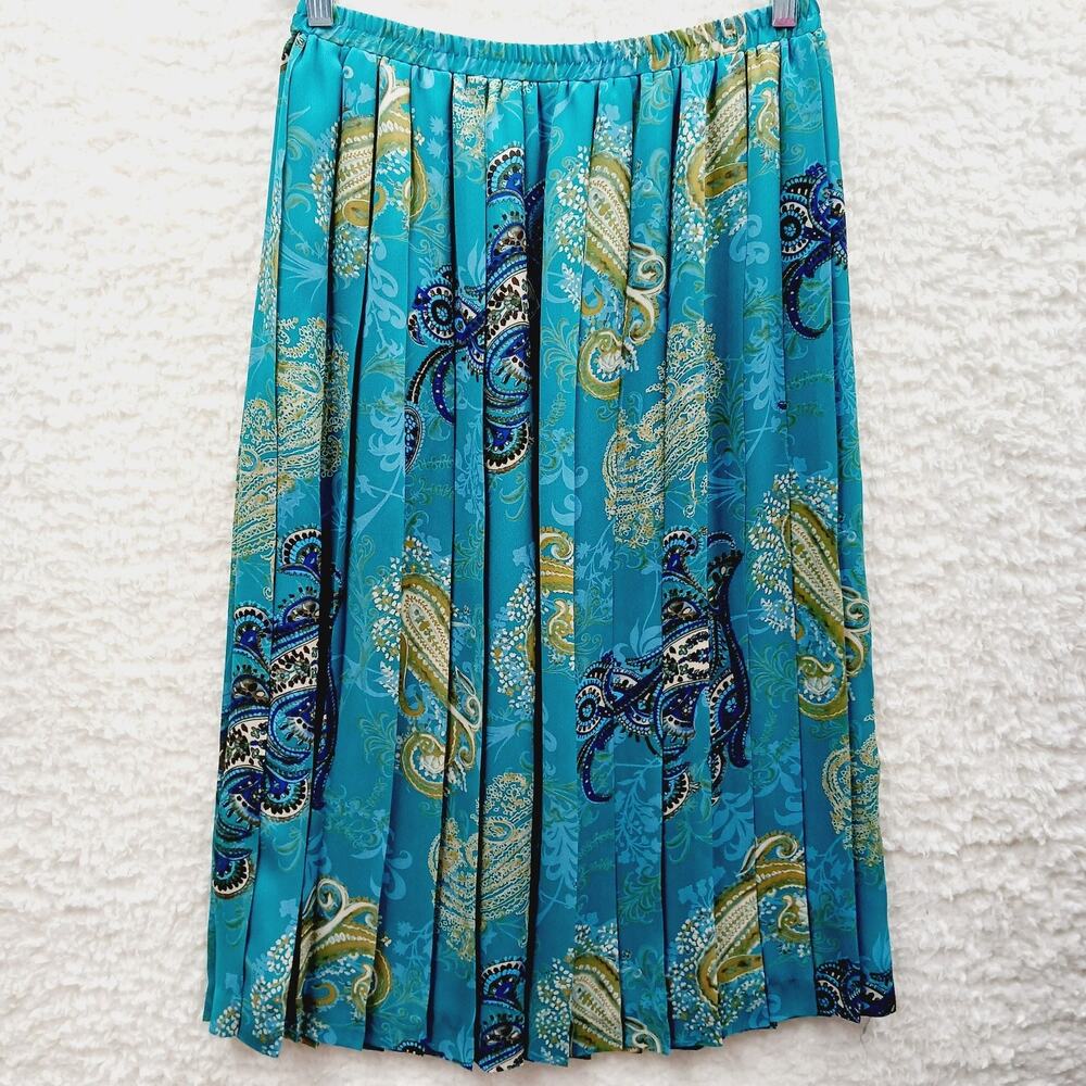 Skirt Midi Paisley Teal Green Pleated Boho Resort Cruise Office Travel Size 14